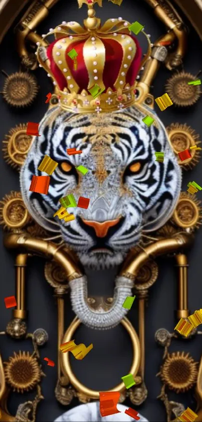 White tiger with crown on ornate golden background wallpaper.