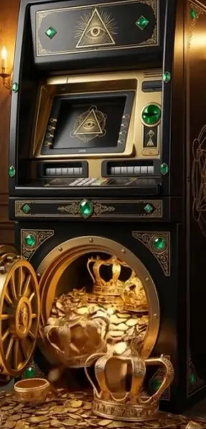 Golden coins and crowns in a vault.