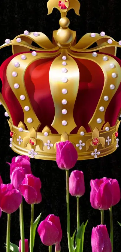 Mobile wallpaper of a royal crown with pink tulips on a dark background.