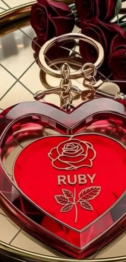 Ruby heart keychain with rose emblem on a metallic background.