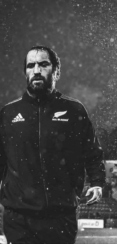 Rugby player walking in rain with intense focus in black and white.