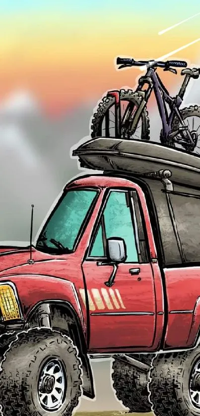 Illustrated red truck with bicycle in mountain scenery.