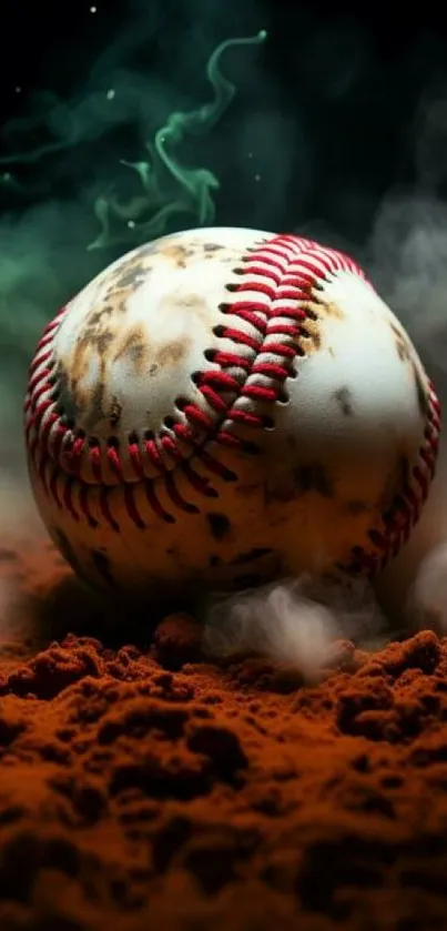 Rugged baseball with smoky, red dirt background.