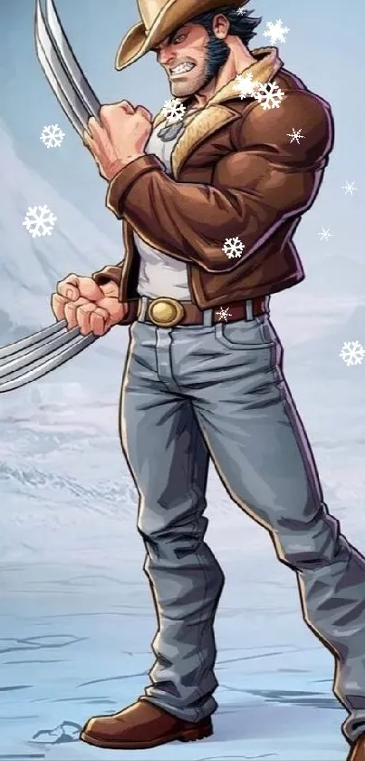 Cartoon hero with claws in a snowy setting, wearing a brown leather jacket.