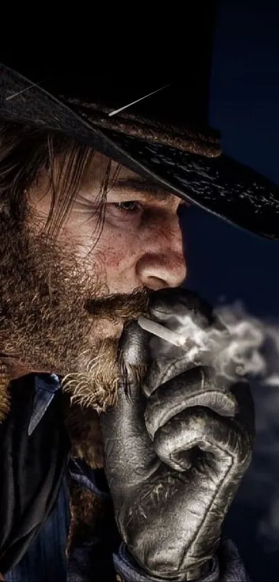 Rugged cowboy in deep thought with smoky breath.