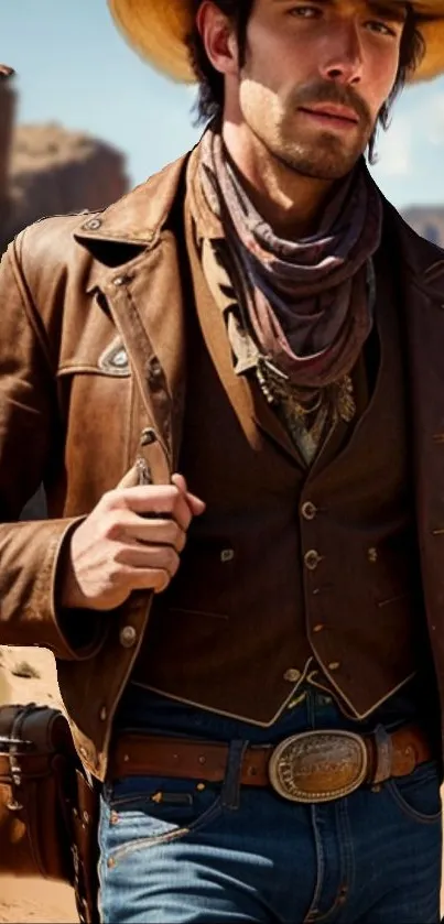 Man in cowboy attire with a leather jacket and desert backdrop.