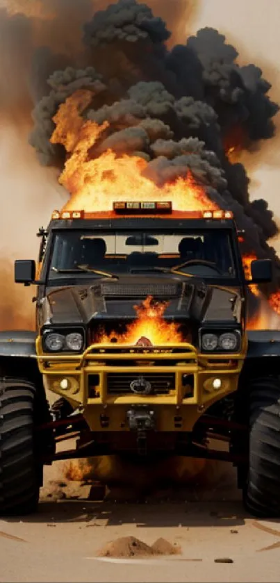 Powerful monster truck with flames and smoke in dramatic scene.