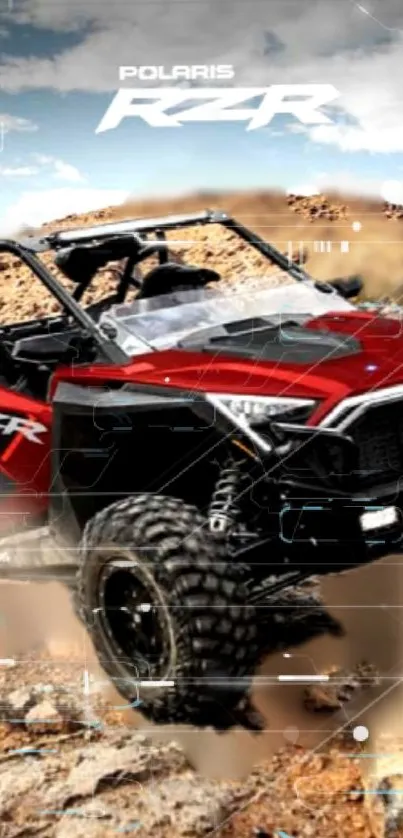 Polaris RZR off-road vehicle on rocky terrain in scenic landscape wallpaper.