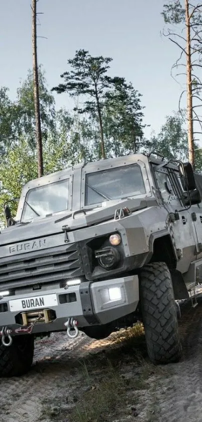 Military-style truck on forest trail.