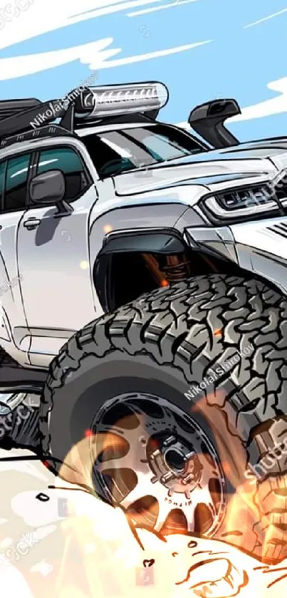 Artistic off-road truck design with rugged wheels and desert background.