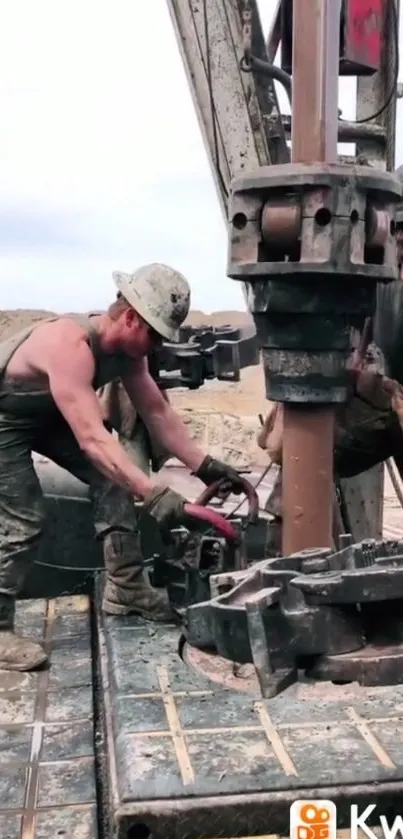 Two rugged workers operate an oil rig, emphasizing teamwork and industrial skill.