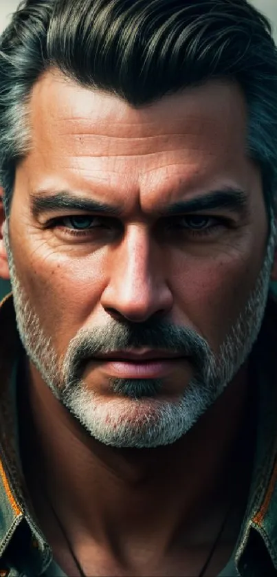 Rugged portrait of mature man with intense gaze and muted color tones.