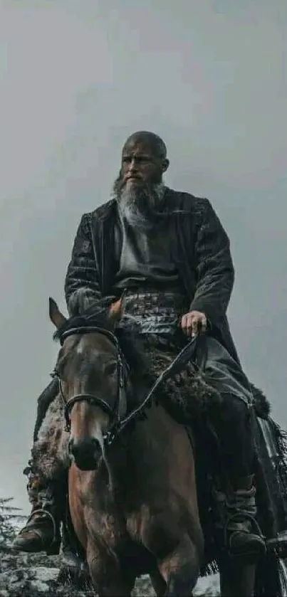 Man with a beard rides a horse in a misty mountain landscape.