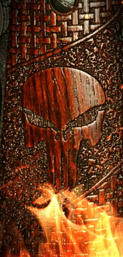 Rugged skull design with wood texture on a dark background wallpaper.