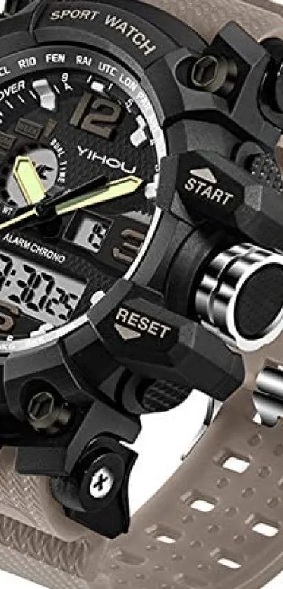 Close-up of a rugged sport watch displaying time and features.