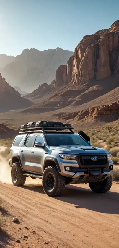 SUV driving through rugged desert terrain with mountain backdrop.