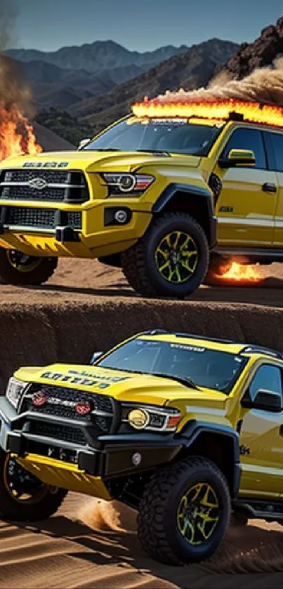 Dynamic yellow off-road truck in desert terrain with fiery accents.