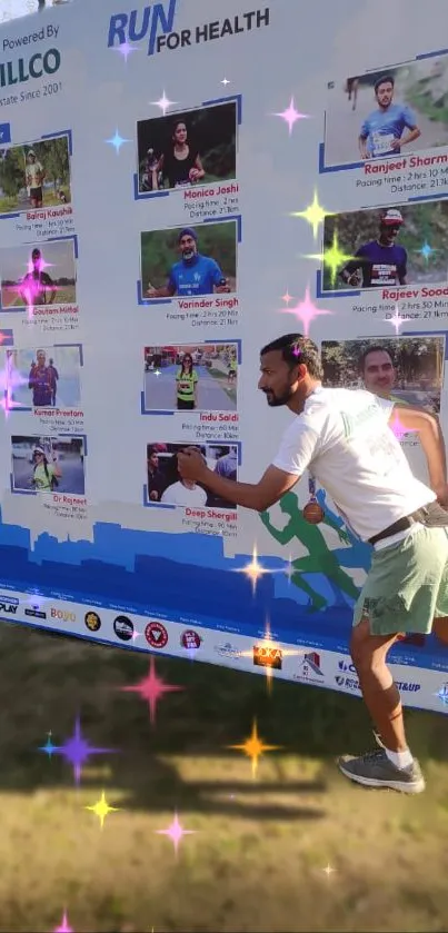 Runner posing at a health event with sparkles and a vibrant display board.