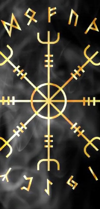 Golden runic compass symbol on black background.