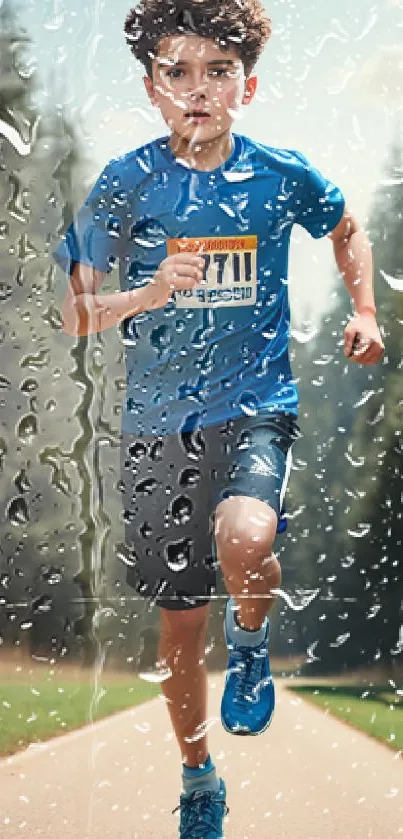 Boy in blue shirt running down a forested path.