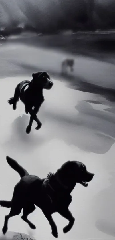 Black silhouette dogs running in a misty landscape, artistic wallpaper.