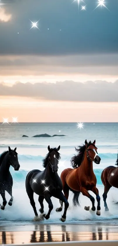 Horses running on a beach with a stunning sunset on the horizon.