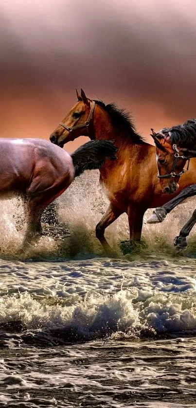 Majestic horses running through waves on a sunset-lit beach.