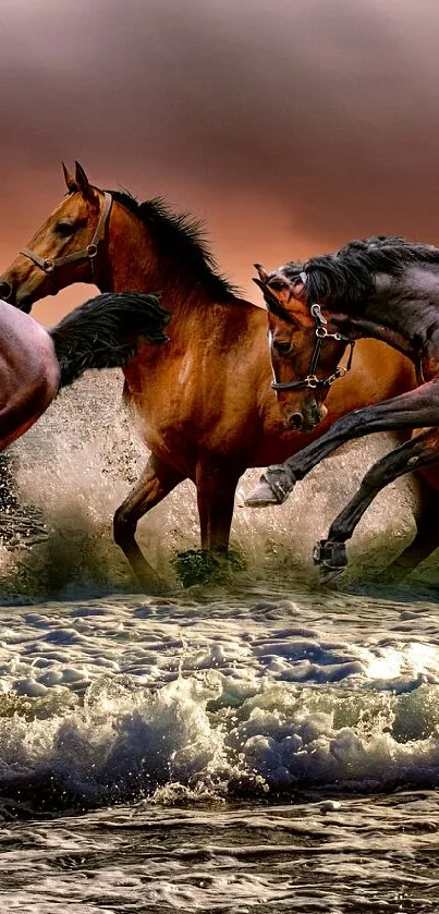 Horses galloping through ocean waves under dramatic sky.