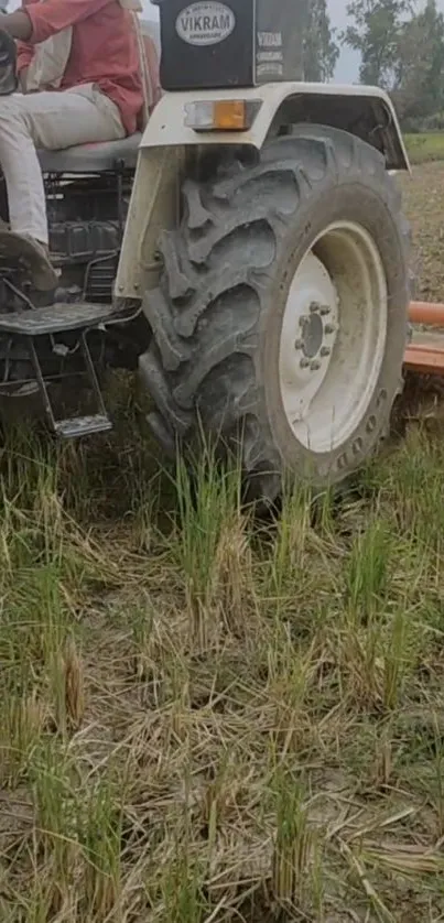 Tractor in a rural field, showcasing farming equipment and earthy scenery.