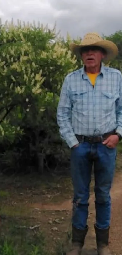 Cowboy in a rural landscape with cloudy sky.