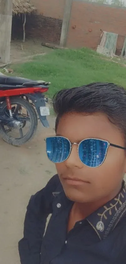 Young man with sunglasses in a rural setting next to a motorbike.