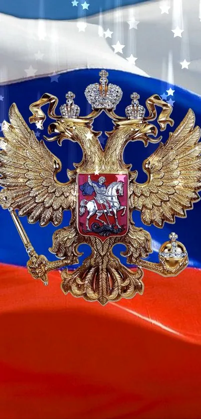 Russian coat of arms on tricolor flag background wallpaper.