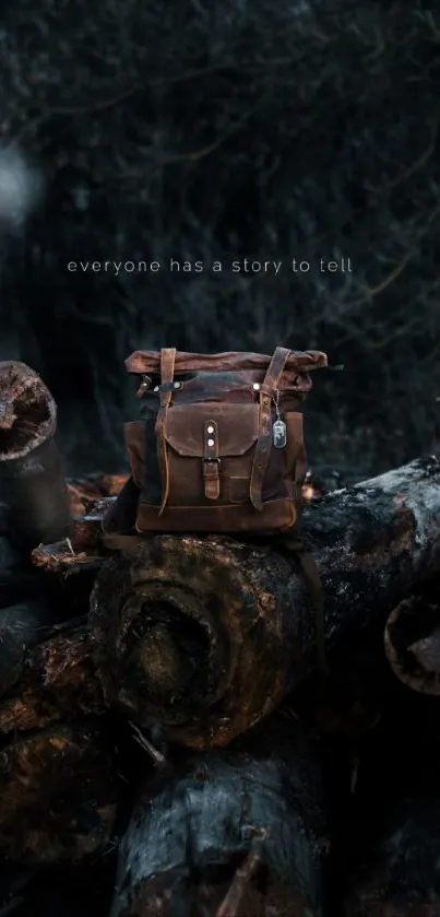 Rustic backpack on logs in a dark forest setting.