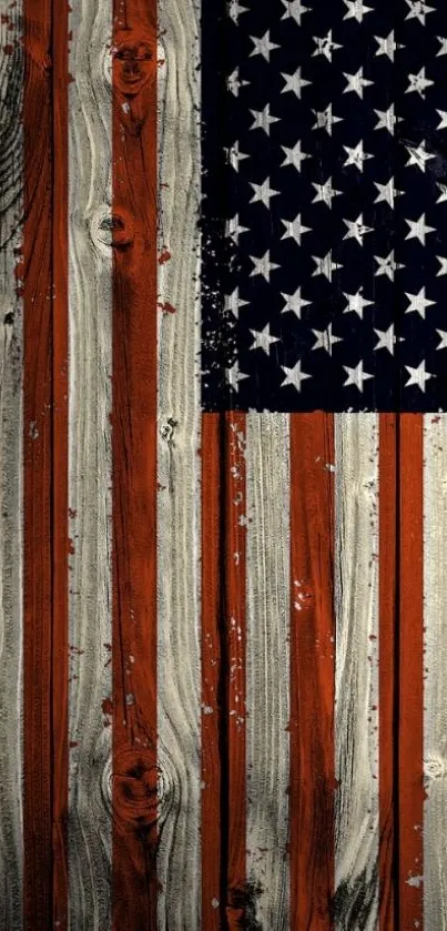 Rustic American flag wallpaper with wood texture.