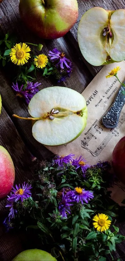 Sliced apples and flowers with rustic wood background.