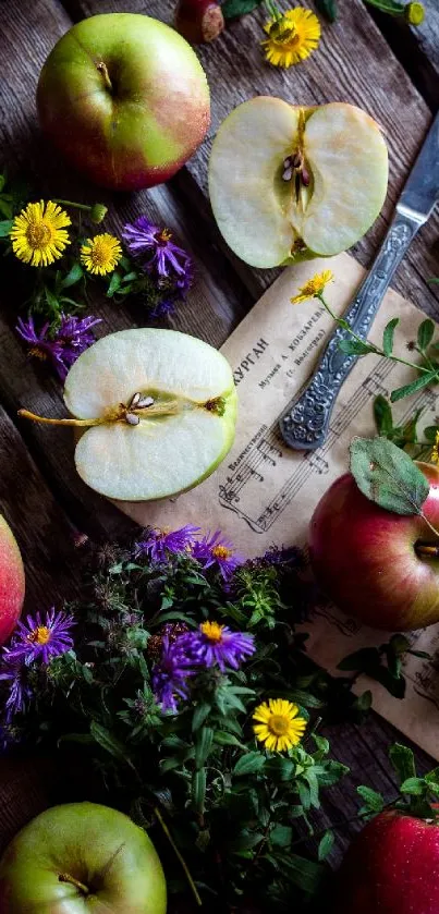 Rustic arrangement of apples and wildflowers on wooden surface.