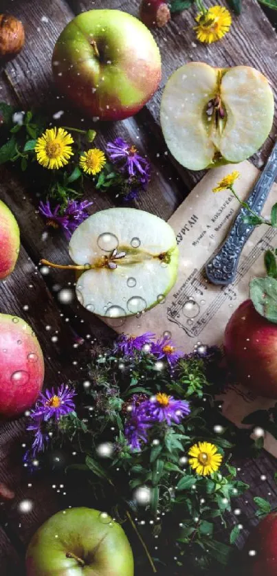 Rustic wallpaper with apples and flowers on wooden background.