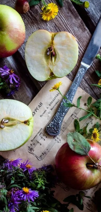 Rustic apples and flowers on wooden surface.