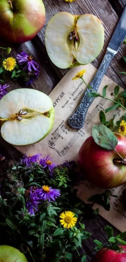 Fresh apples and flowers on rustic wooden background.