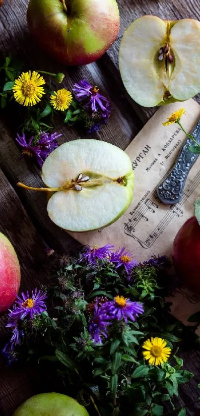 Vintage wallpaper featuring apples and wildflowers on wood texture.