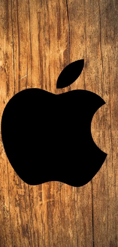 Rustic Apple logo on a wooden textured background wallpaper.