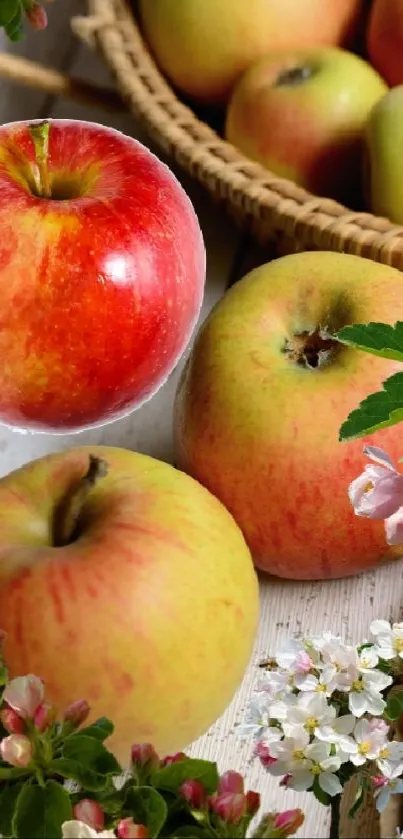 Rustic apple pie with a basket of fresh apples on a wooden table.