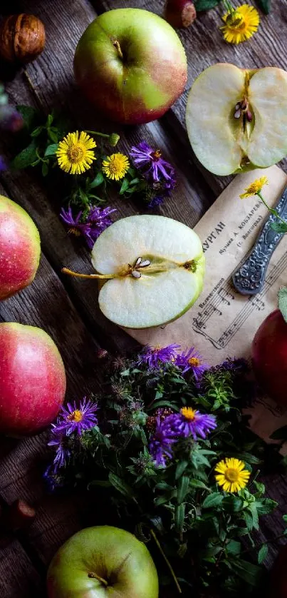 Rustic apples and flowers on wooden table.