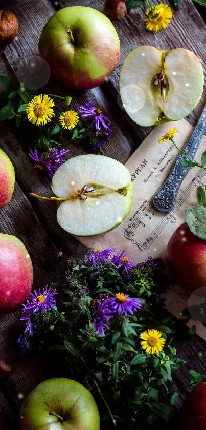 Rustic apples and flowers on a wooden table with vintage knife.