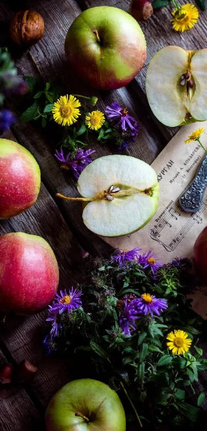 Rustic apples and vibrant flowers with a wooden background for mobile wallpaper.