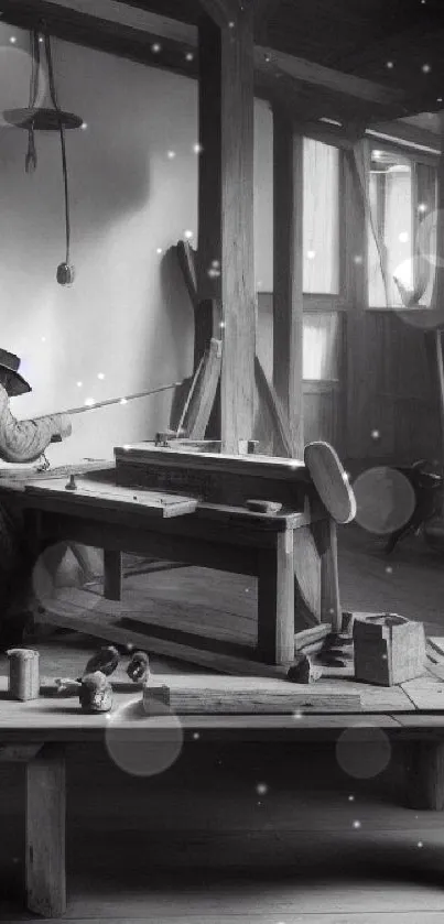 Black-and-white wallpaper of a rustic workshop with an artisan at work.