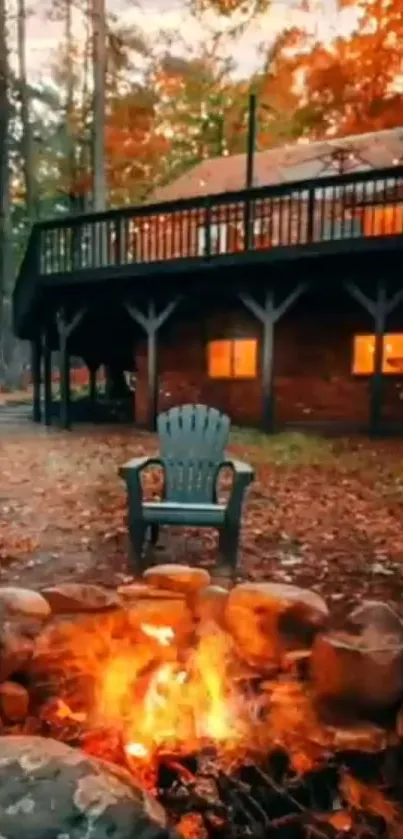 Rustic autumn cabin with cozy fire in forest setting for mobile wallpaper.