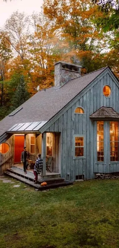 Rustic cottage surrounded by autumn trees with a cozy, inviting atmosphere.