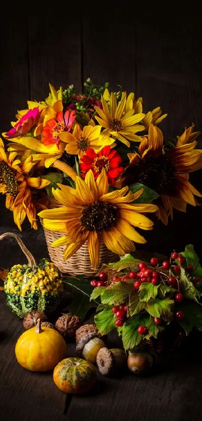 Rustic arrangement of flowers, pumpkins, and nuts with a dark background.