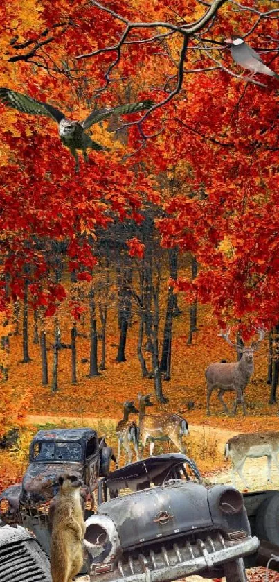 Autumn forest scene with vintage cars and wildlife in orange foliage.